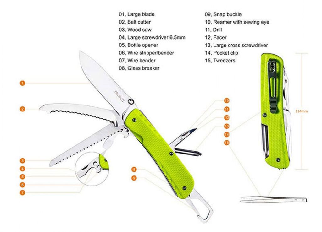 Ruike LD43 Dao xếp cứu hộ kèm Cưa-lưỡi cắt Seatbelt 15 chức năng có khóa lưỡi