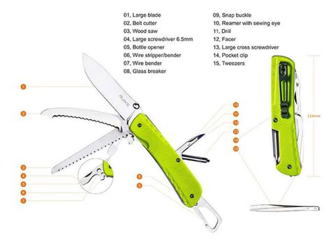 Ruike LD43 Dao xếp cứu hộ kèm Cưa-lưỡi cắt Seatbelt 15 chức năng có khóa lưỡi