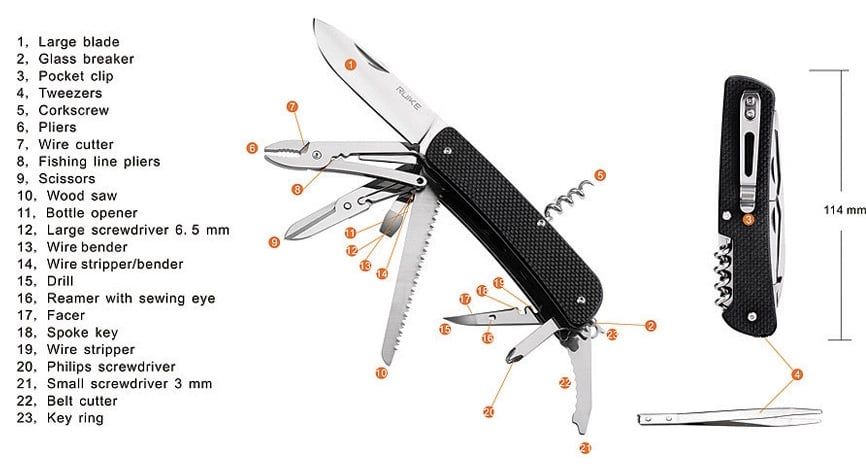 Ruike LD51 Dao xếp kèm Kềm-Kéo-Cưa 23 chức năng có khóa lưỡi