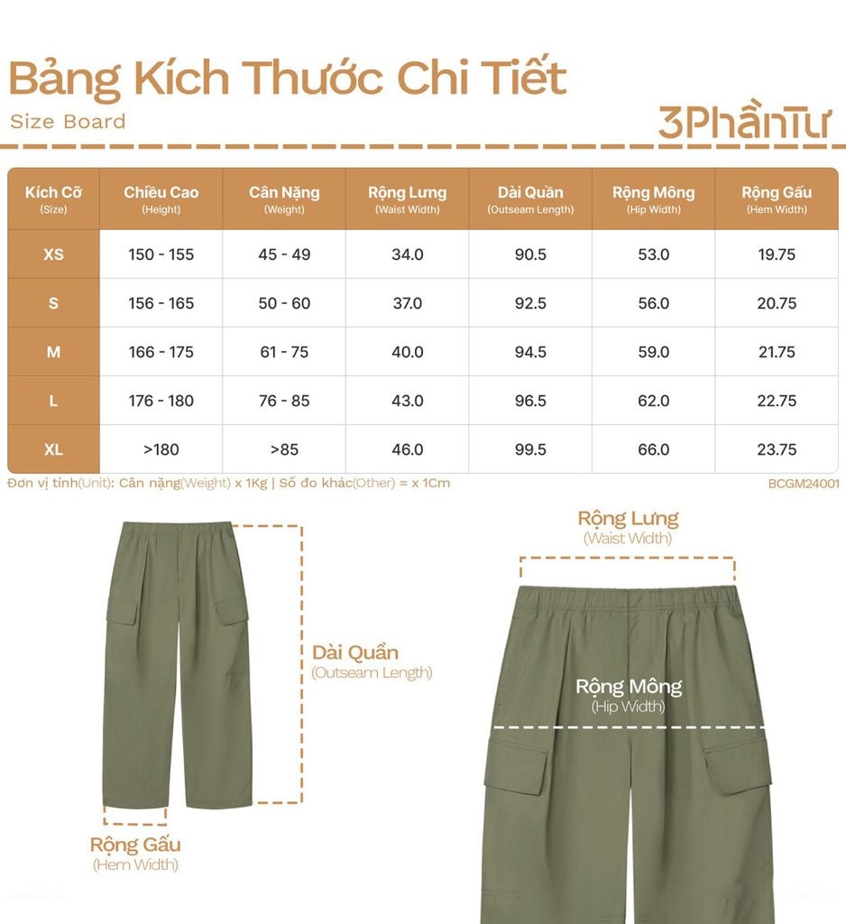 Quần Dài Cargo Túi Hộp Vải Taslan - BCGM24001