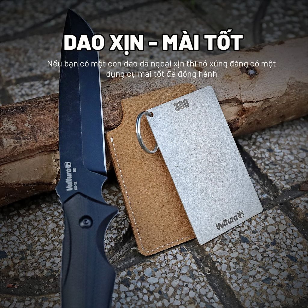 Vultura SH2601 - Thẻ mài dao sinh tồn bỏ túi 2 mặt 300&600 Grit kèm bao da thật