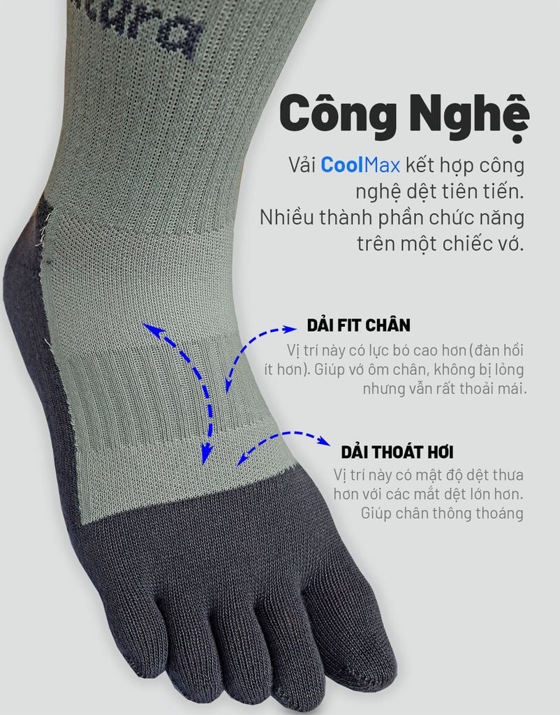 Vớ Trekking 5 ngón chân Coolmax cổ cao Vultura 5-toe socks VTR-SC2501