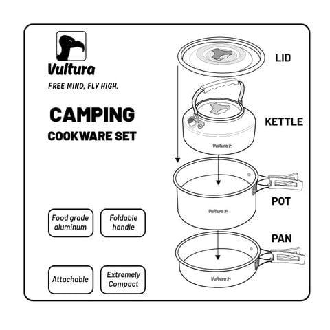 Bộ nồi - chảo - ấm nhôm Trekking dã ngoại Vultura VTR-PS2501, VTR-PS2502