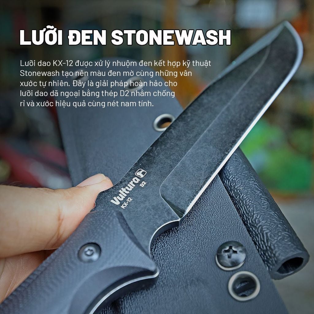Vultura KX-12 Raven dao dã ngoại Full-tang, thép D2, ốp cán G10, vỏ Kydex