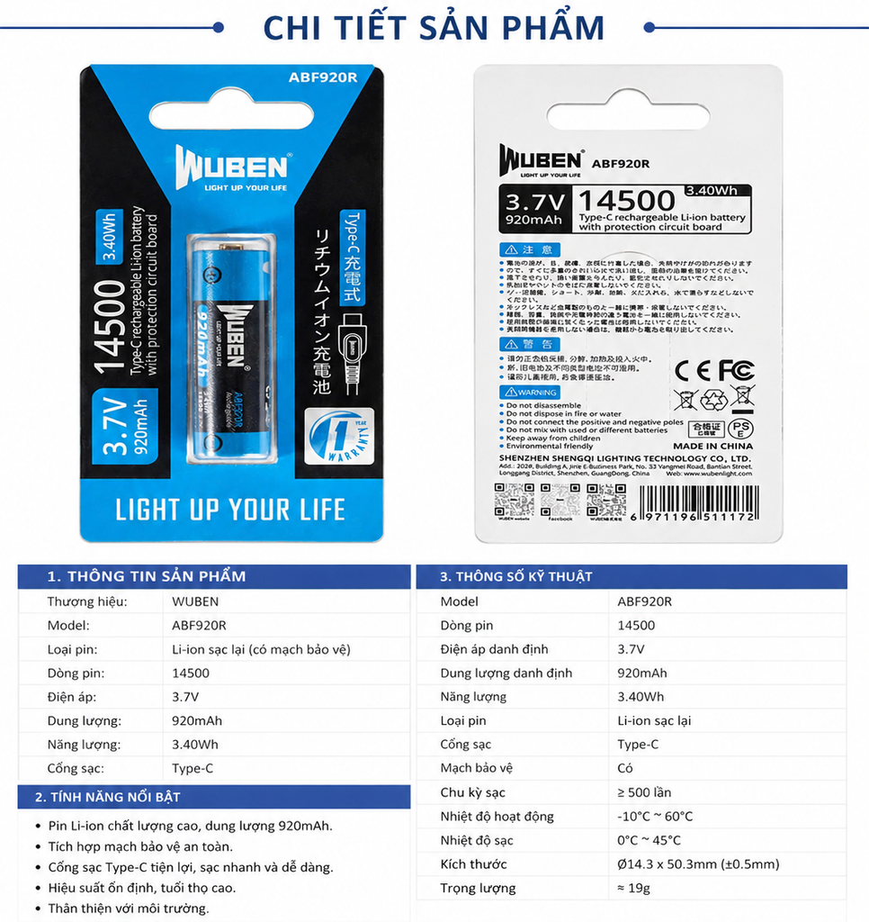 Pin sạc cỡ 14500 - 920mAh Wuben ABF920R