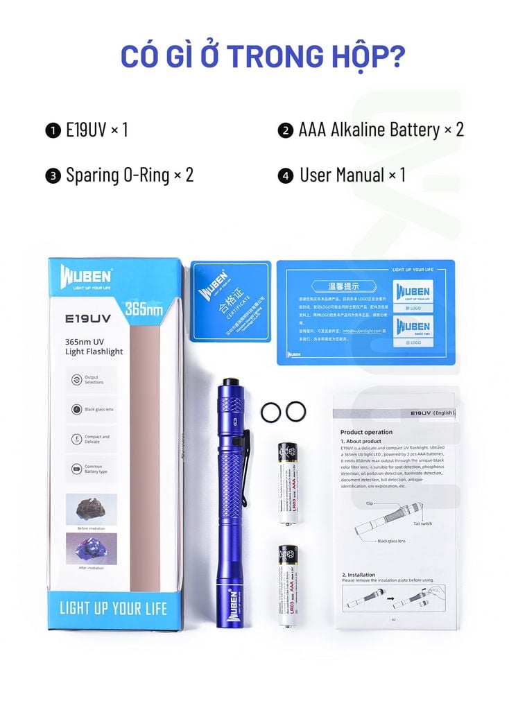 Wuben E19UV đèn UV bỏ túi 850mW dùng 2 pin AAA