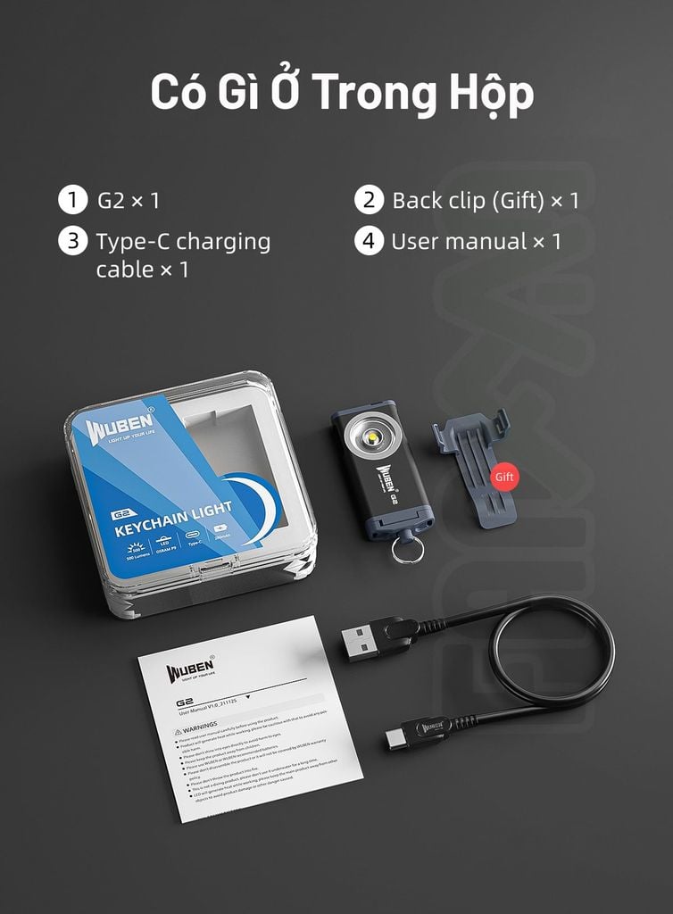 Wuben G2 đèn pin móc khóa nhỏ gọn 500LM pin sạc Type-C