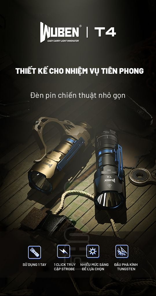 Wuben T4 đèn pin tác chiến Tactical nhỏ gọn (Tặng kèm Tac-ring)