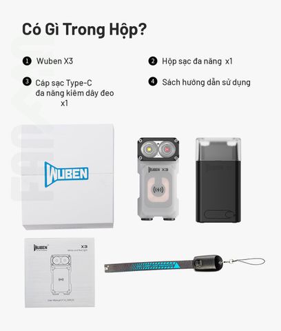 Wuben X3 Pro đèn pin EDC cú vọ xoay đầu đa năng kèm hộp sạc