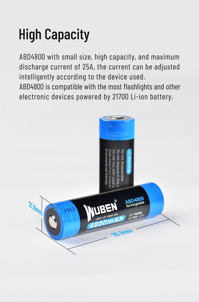 Pin sạc cỡ 21700 - 4800mAh Wuben ABD4800