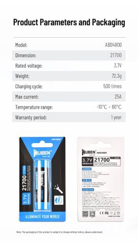 Pin sạc cỡ 21700 - 4800mAh Wuben ABD4800