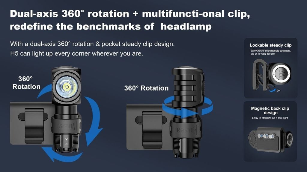 Wuben H5 Đèn đeo trán đa năng pin sạc 14500 thay được