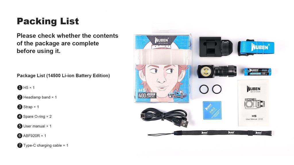 Wuben H5 Đèn đeo trán đa năng pin sạc 14500 thay được