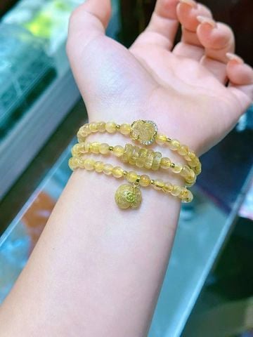 Vòng Chuỗi Thạch Anh Tóc Vàng Mix Charm Ngũ Điếu, Tỳ Hưu Và Túi Tiền Bọc Vàng 10K