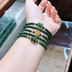 Vòng Ngọc Phỉ Thúy Cẩm Thạch Jadeite Mix Charm Tỳ Hưu, Cỏ 4 Lá Và Túi Tiền Bọc Vàng 10K