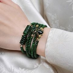 Vòng Chuỗi Ngọc Phỉ Thúy Sơn Thủy Cuốn 5 Mix Tỳ Hưu, Hồ Ly Bọc Vàng, Ngũ Điếu Và Lu Thống