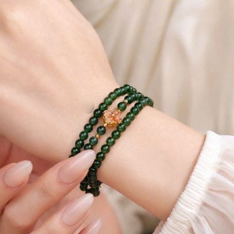 Vòng Chuỗi Ngọc Phỉ Thúy Lam Ngọc Jadeite A Tone Đậm Mix Cỏ 4 Lá Bọc Vàng