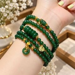 Vòng Chuỗi Ngọc Bích Mix Tỳ Hưu Bọc Vàng, Mặt Hồ Ly Ngậm Điếu, Ngũ Điếu Và Charm Vàng 10K