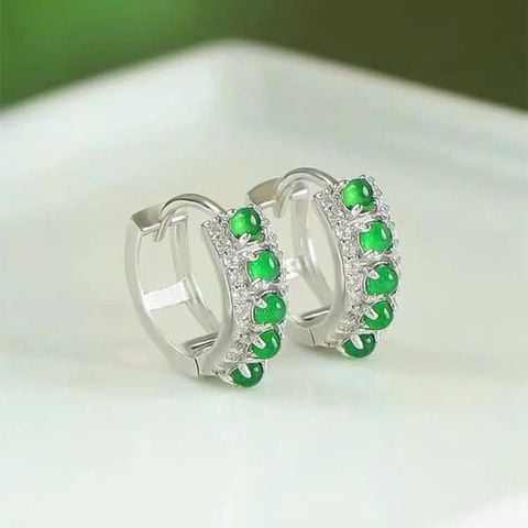  Bông Tai Ngọc Jadeite A Màu Lục Đế Khung Bạc 