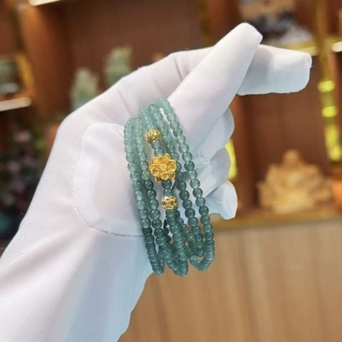  Chuỗi Lam Ngọc Băng VIP 4mm Mix Charm Hoa Sen & Bi Vàng 10K 