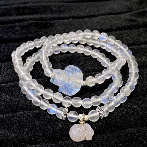  Chuỗi Moonstone Mix Túi Tiền Bọc Bạc, Hồ Ly và Charm Bạc 