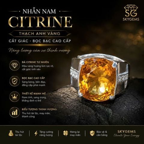 Nhẫn Bạc Gắn Đá Citrine Cắt Giác Cho Nam