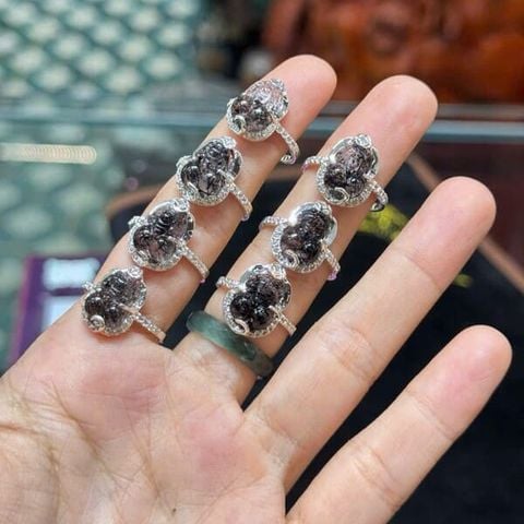  Nhẫn Tỳ Hưu Thiên Lộc Tóc Đen Bọc Bạc 