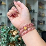  Chuỗi Vòng Cuốn 3 Đá Thạch Anh Dâu Tây Hồng Mix Hoa Sen Bạc Si Vàng 
