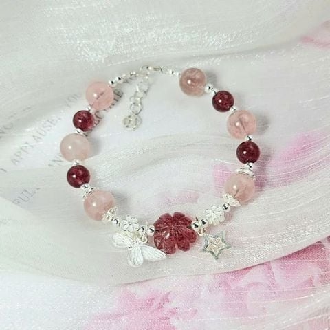 Vòng Cỏ 4 Lá Thạch Anh Dâu Tây Hồng Mix Thạch Anh Hồng