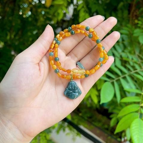  Vòng Cổ Hổ Phách Cho Bé Mix Mặt Phật Di Lặc Lam Ngọc 