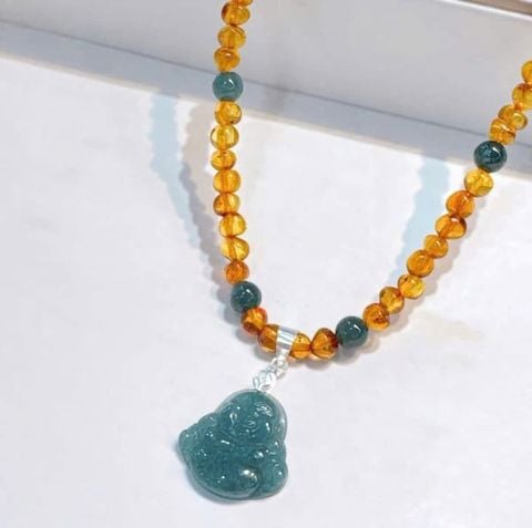  Vòng Cổ Hổ Phách Mix Mặt Như Ý & Phật Di Lặc 