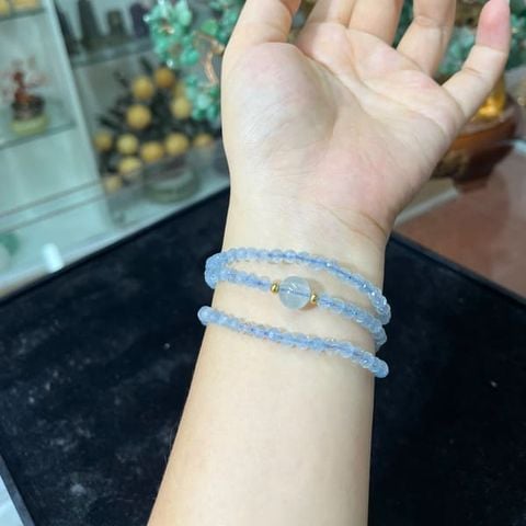 Vòng Tay Đá Aquamarine Cắt Giác Mix Bi Mạ Vàng