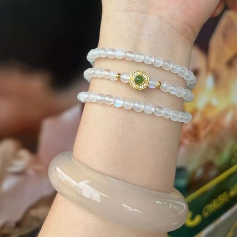 Vòng Tay Đá Moonstone Cuốn 3 Mix Charm Bạc Mạ Vàng
