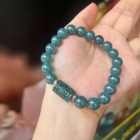 Vòng Lam Ngọc 10mm Mix Lu Thống Chạm Kim Tiền Và Charm Bạc