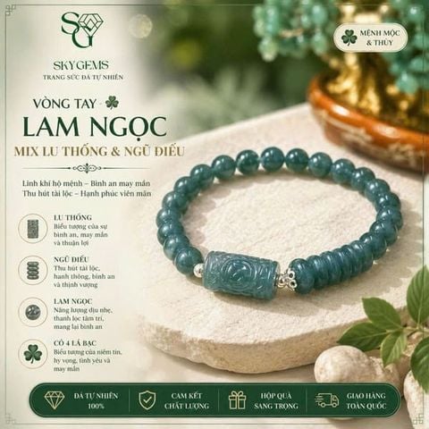 Vòng Tay Lam Ngọc Mix Ngũ Điếu, Lu Thống Kim Tiền & Charm Bạc