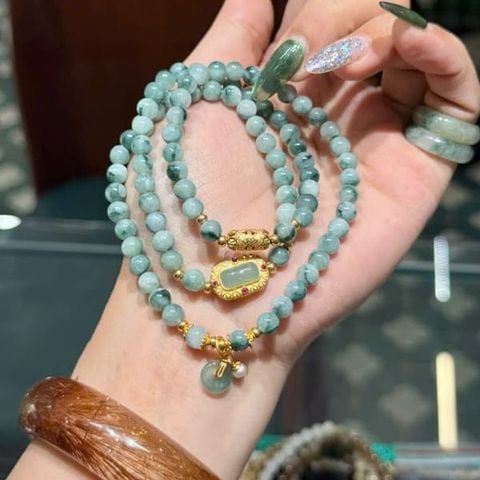 Vòng Tay Ngọc Phỉ Thúy Hoa Bay Mix Charm Mạ Vàng M2
