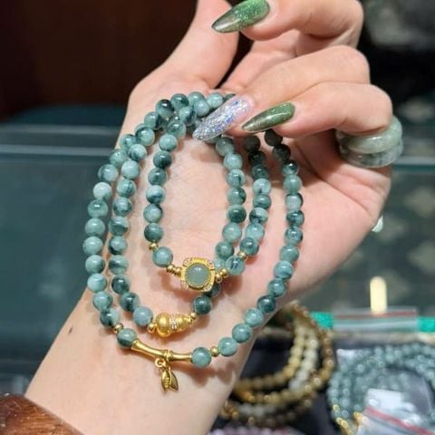 Vòng Tay Ngọc Phỉ Thúy Hoa Bay Mix Charm Mạ Vàng M3
