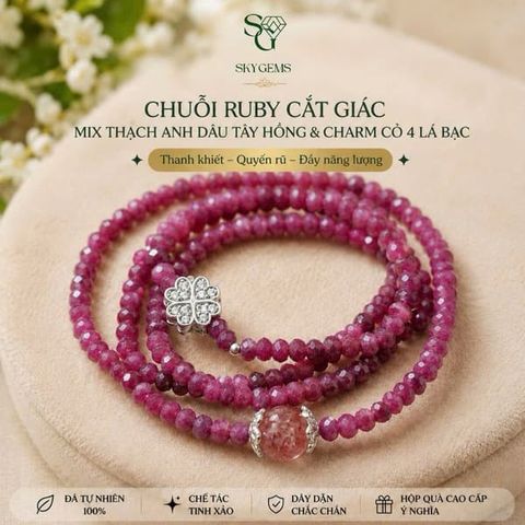 Vòng tay Ruby cắt giác cuốn 4 mix bạc