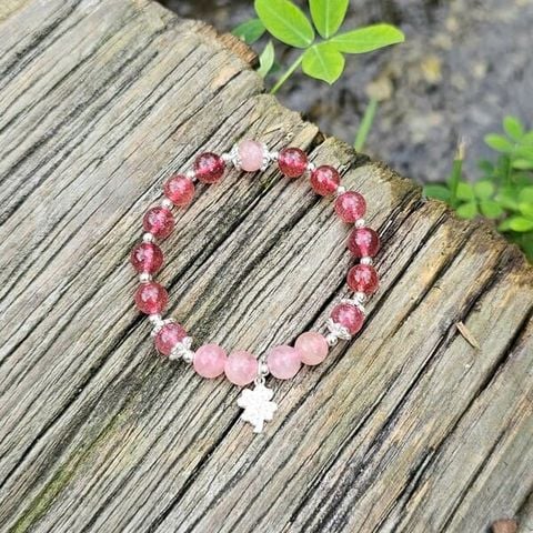  Vòng Tay Đá Thạch Anh Hồng Mix Charm Bạc 