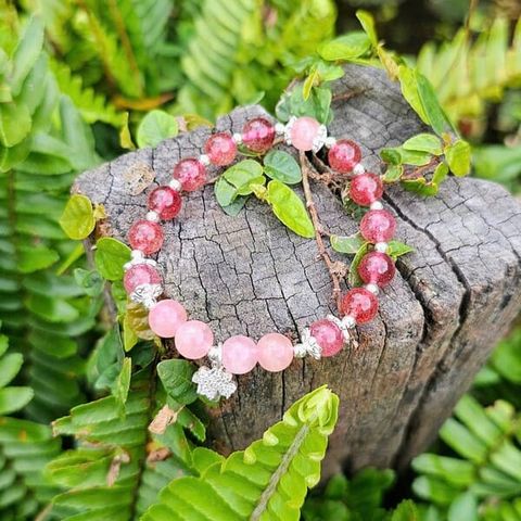  Vòng Tay Đá Thạch Anh Hồng Mix Charm Bạc 