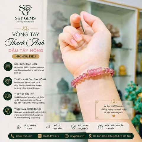 Vòng Tay Thạch Anh Dâu Tây Hồng Mix Ngũ Điếu