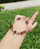  Vòng Tay Thạch Anh Khói Cắt Giác Mix Charm Bạc 