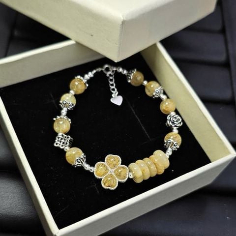 Vòng Thạch Anh Tóc Vàng Mix Cỏ 4 Lá Bọc Bạc & Ngũ Điếu