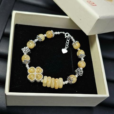 Vòng Thạch Anh Tóc Vàng Mix Cỏ 4 Lá Bọc Bạc & Ngũ Điếu