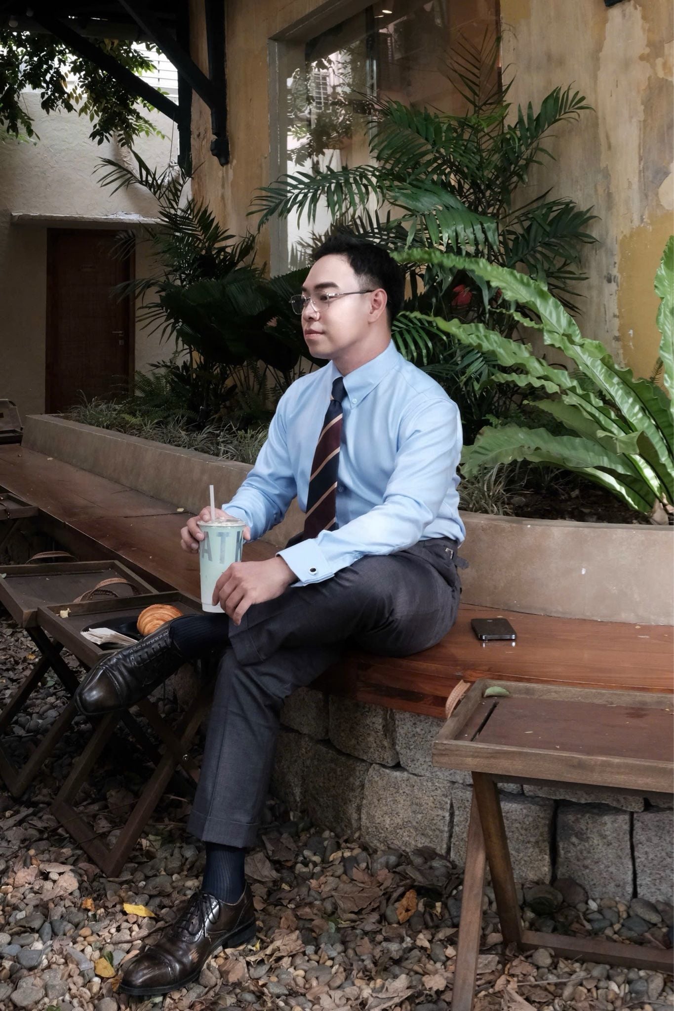  Sơ mi xanh xương cá herringbone tay cufflinks 