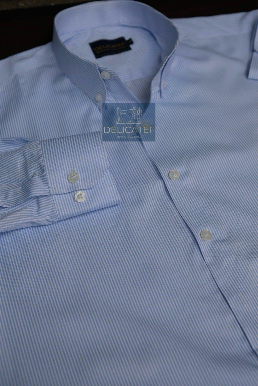  [CHỐNG NHĂN]Sơ Mi Sọc Xanh nhỏ- Spread Collar or Classic Collar 