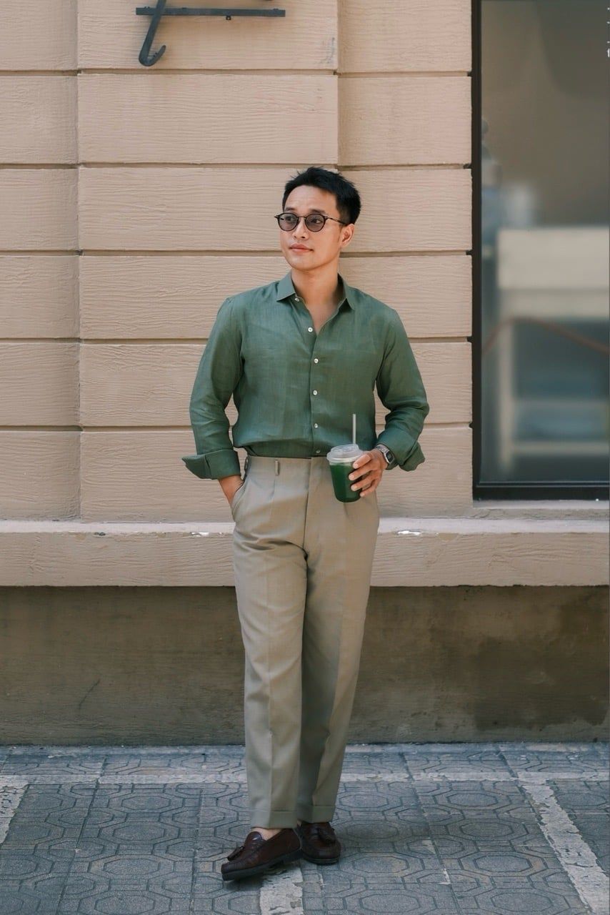  Sơ Mi Linen premium màu rêu 