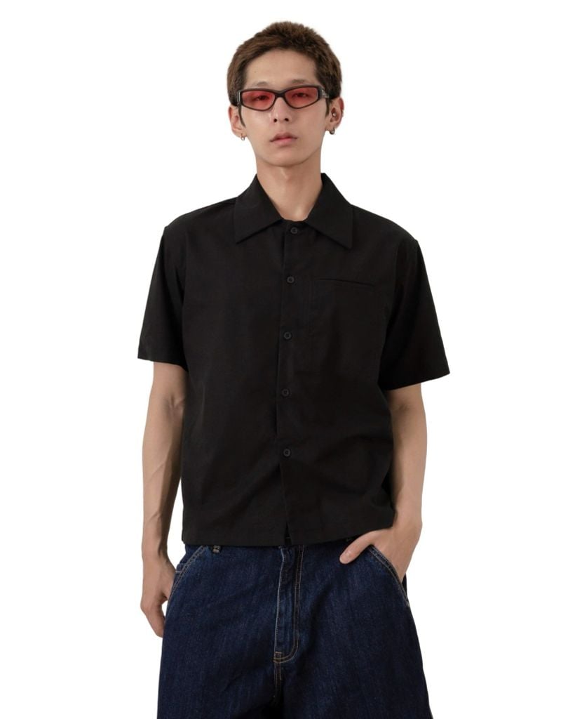 LINEN WELT POCKET SHIRT * black 