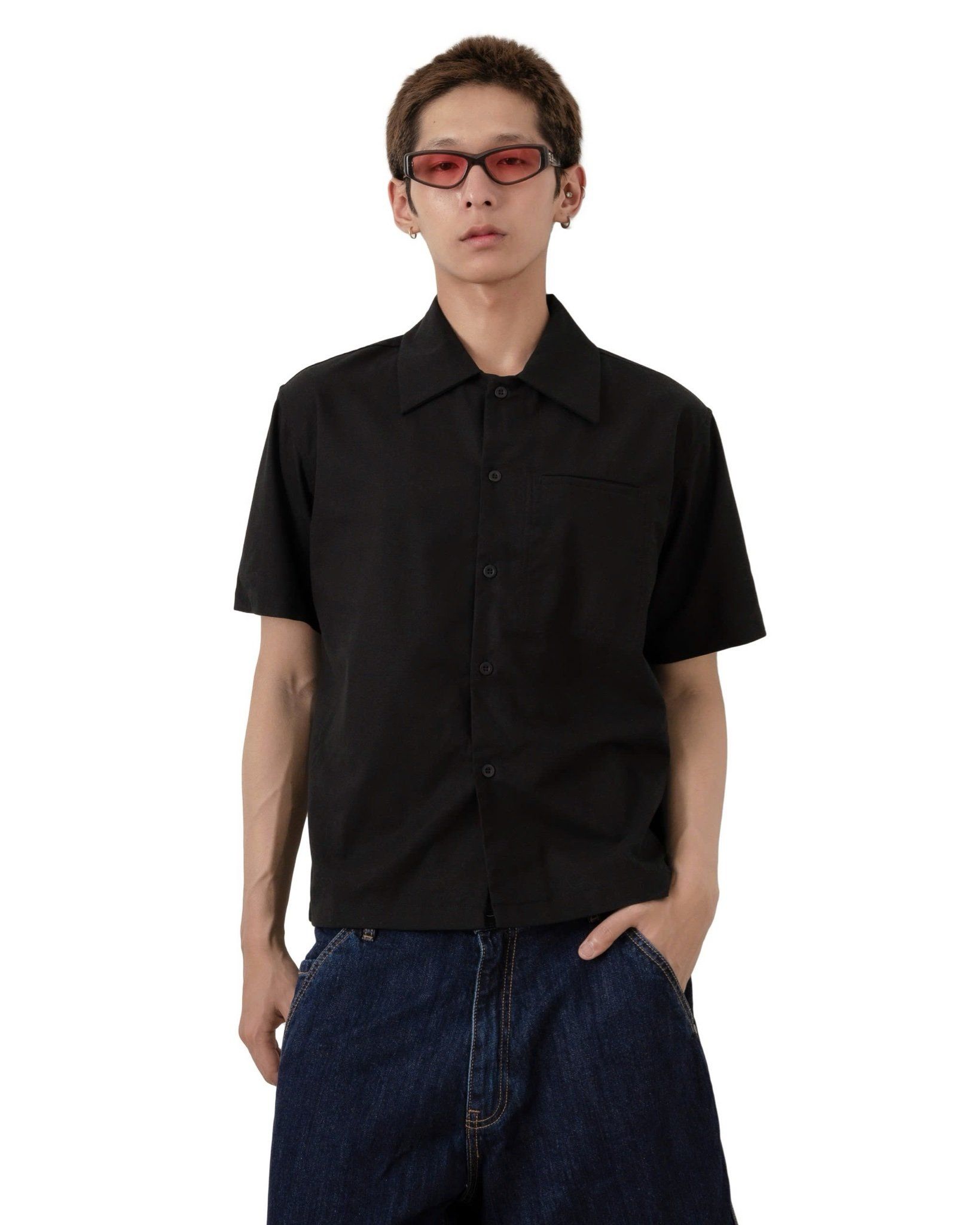  LINEN WELT POCKET SHIRT * black 