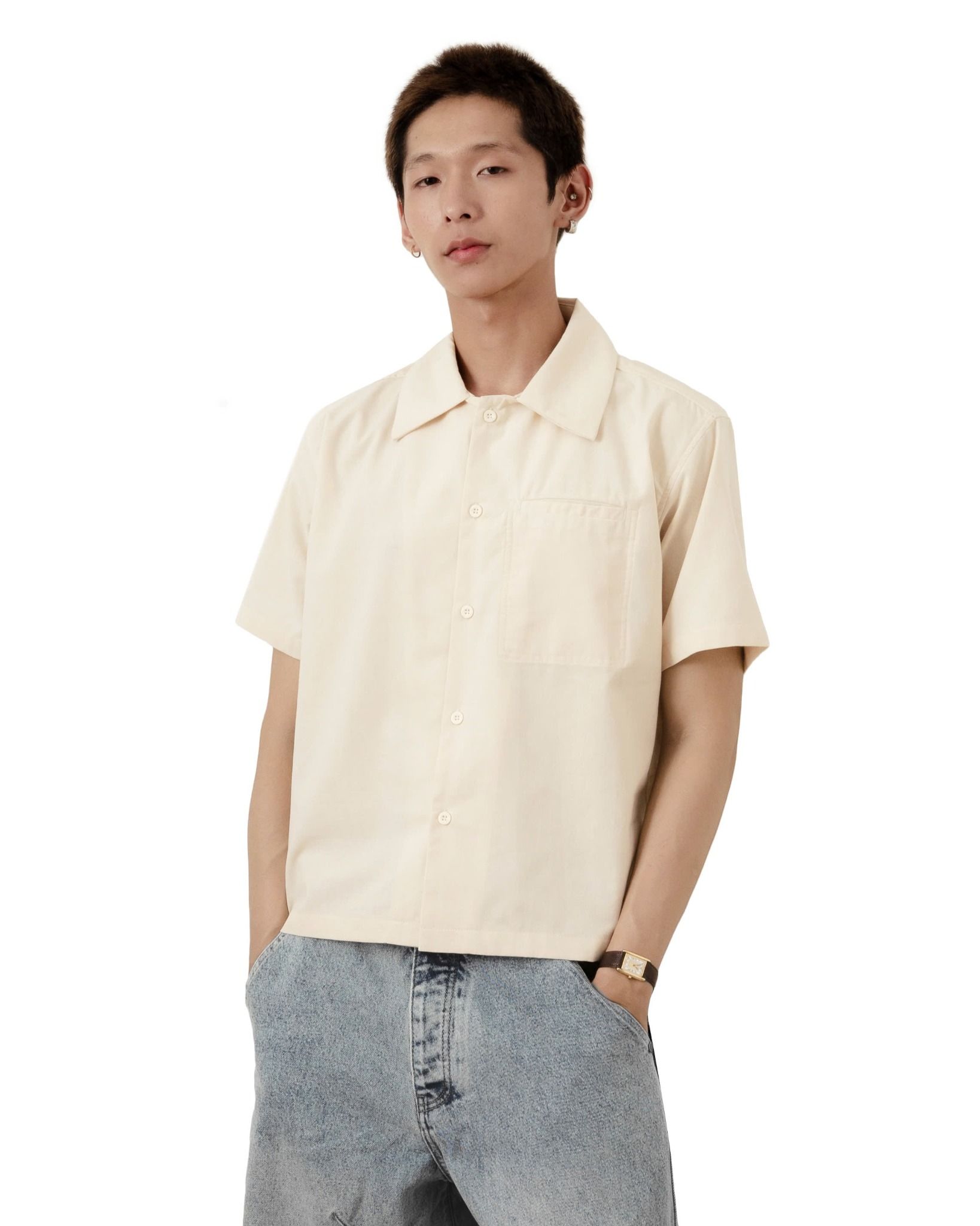  LINEN WELT POCKET SHIRT * cream 